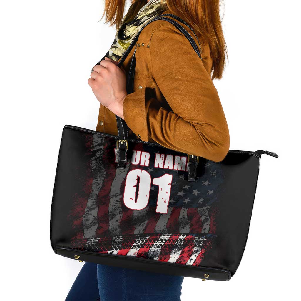 Motocross Rider Leather Tote Bag with American Flag Background and Extreme Text in Red and Black Grunge Design - Wonder Print Shop