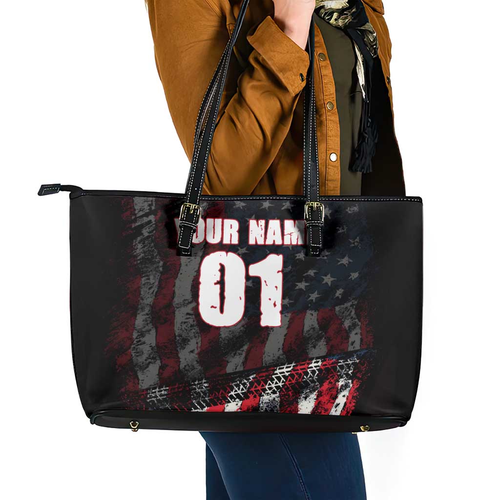 Motocross Rider Leather Tote Bag with American Flag Background and Extreme Text in Red and Black Grunge Design - Wonder Print Shop