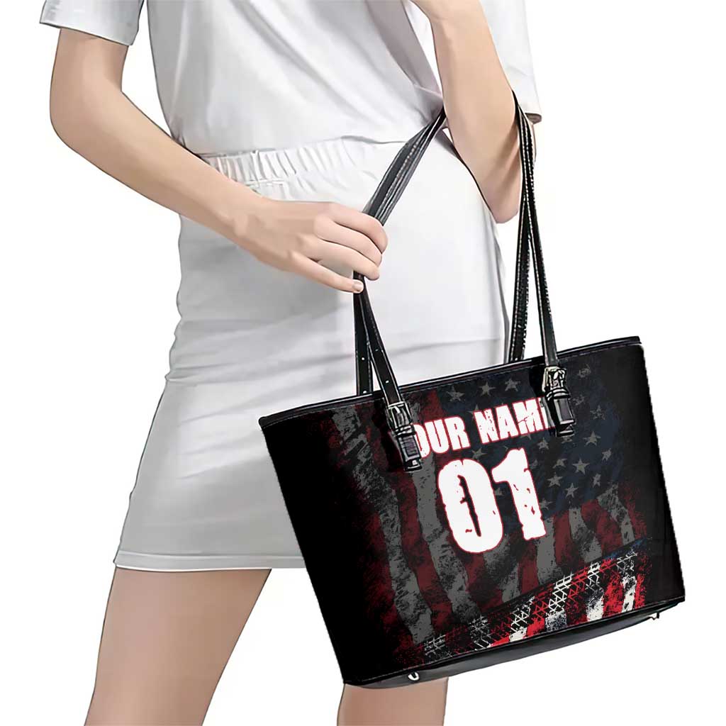 Motocross Rider Leather Tote Bag with American Flag Background and Extreme Text in Red and Black Grunge Design - Wonder Print Shop