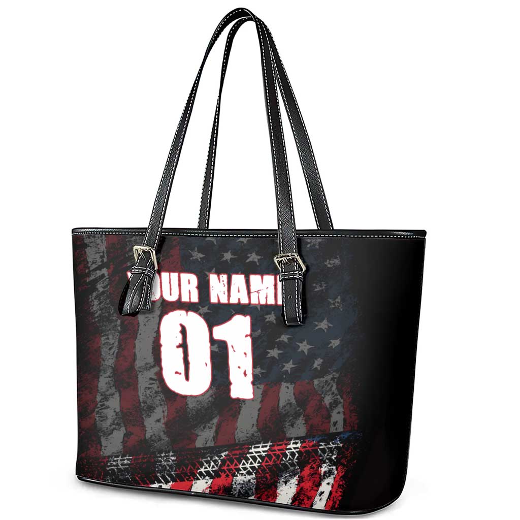 Motocross Rider Leather Tote Bag with American Flag Background and Extreme Text in Red and Black Grunge Design - Wonder Print Shop