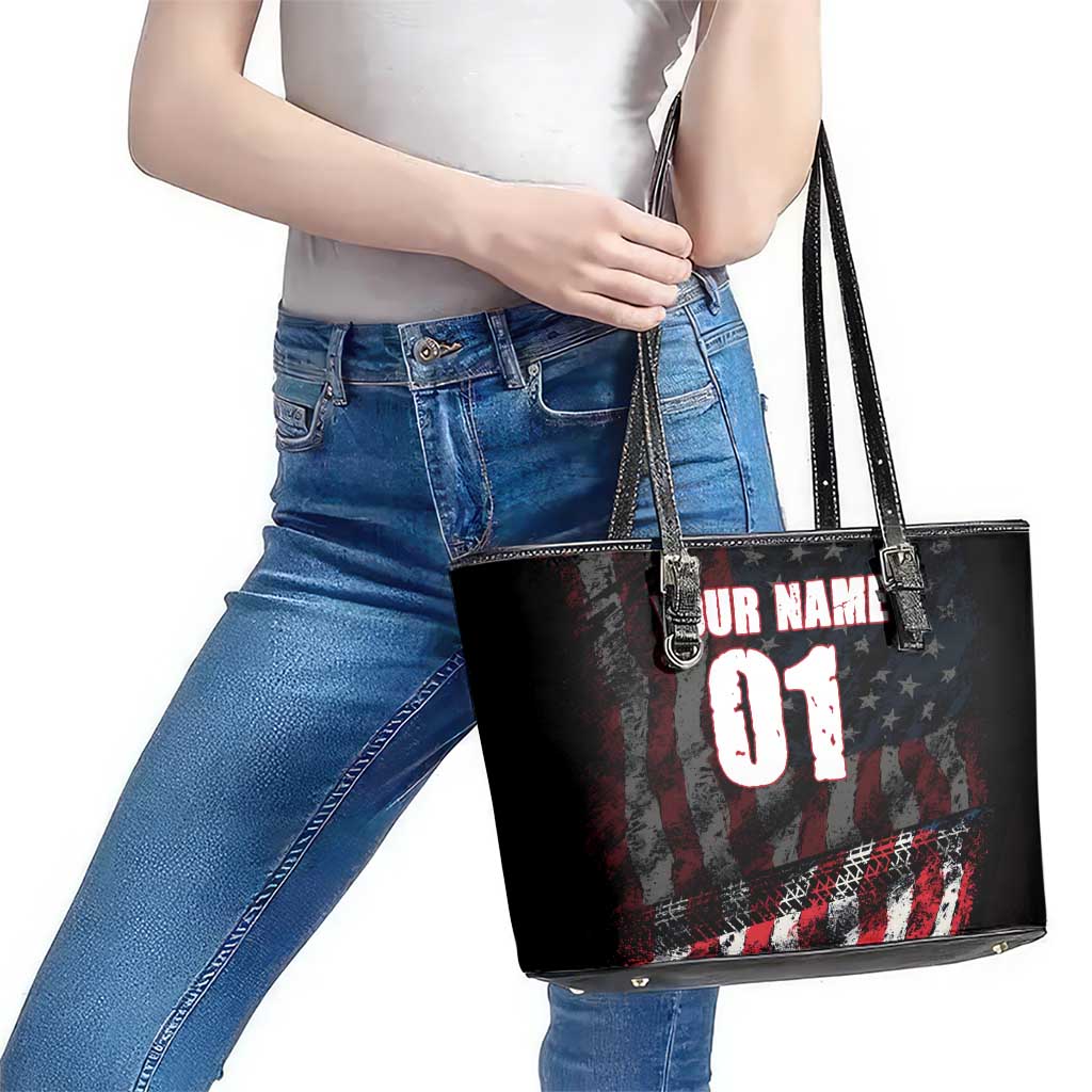 Motocross Rider Leather Tote Bag with American Flag Background and Extreme Text in Red and Black Grunge Design - Wonder Print Shop