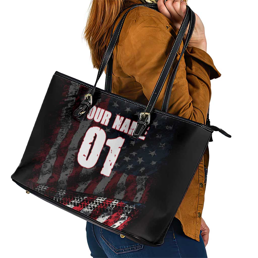 Motocross Rider Leather Tote Bag with American Flag Background and Extreme Text in Red and Black Grunge Design - Wonder Print Shop
