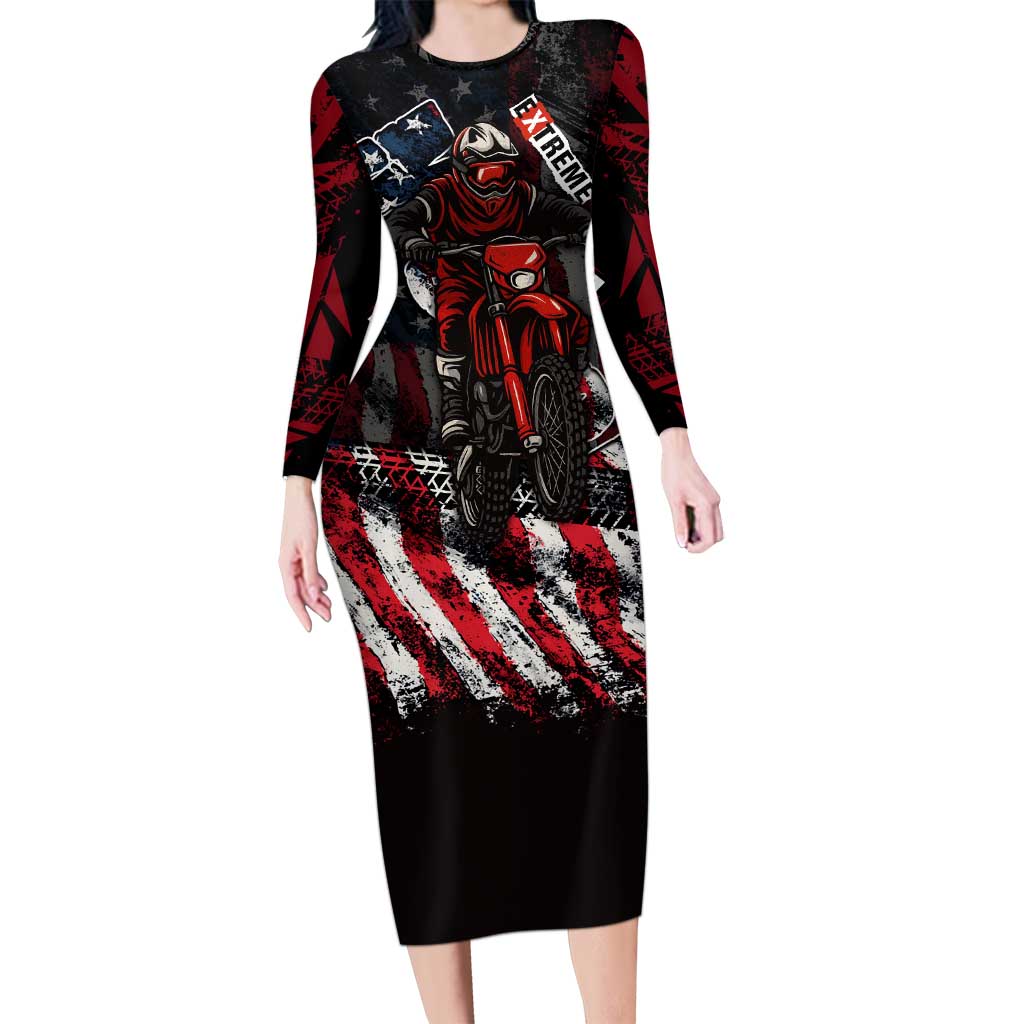 Motocross Rider Long Sleeve Bodycon Dress with American Flag Background and Extreme Text in Red and Black Grunge Design - Wonder Print Shop