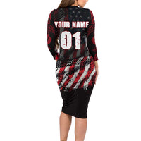 Motocross Rider Long Sleeve Bodycon Dress with American Flag Background and Extreme Text in Red and Black Grunge Design - Wonder Print Shop