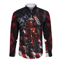 Motocross Rider Long Sleeve Button Shirt with American Flag Background and Extreme Text in Red and Black Grunge Design - Wonder Print Shop