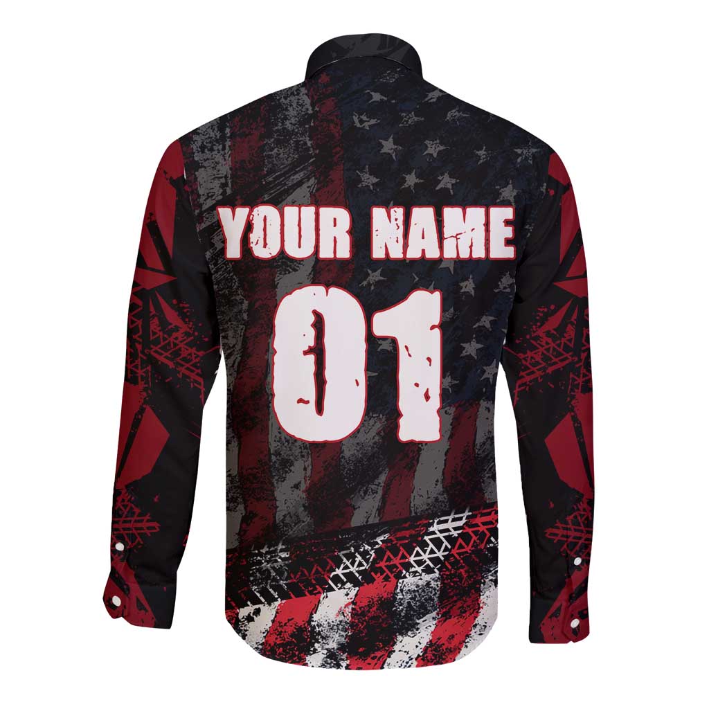 Motocross Rider Long Sleeve Button Shirt with American Flag Background and Extreme Text in Red and Black Grunge Design - Wonder Print Shop