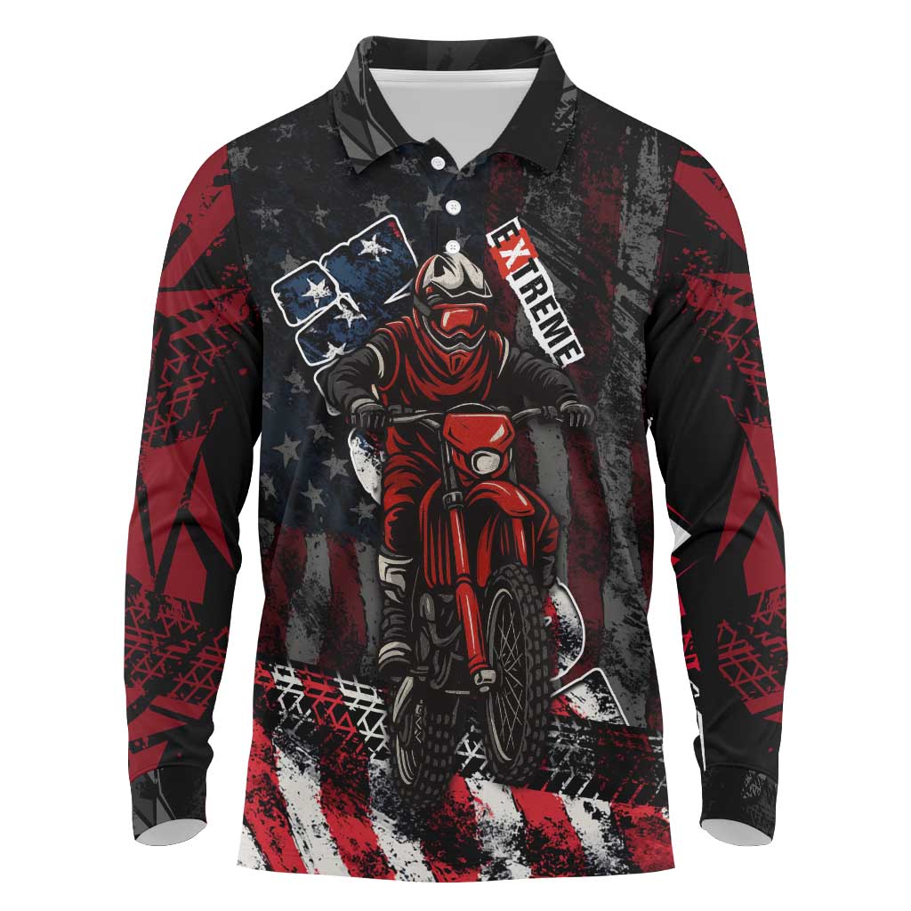 Motocross Rider Long Sleeve Polo Shirt with American Flag Background and Extreme Text in Red and Black Grunge Design - Wonder Print Shop