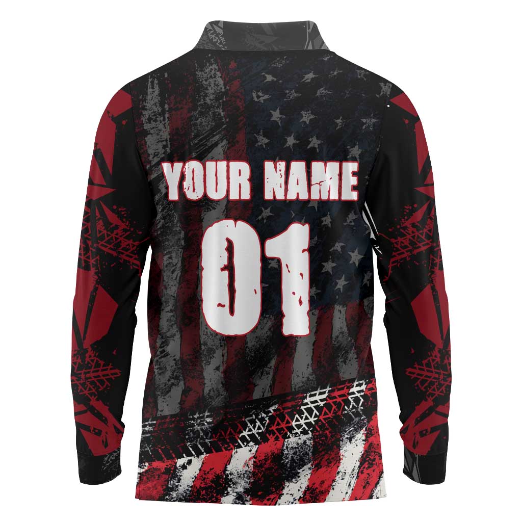 Motocross Rider Long Sleeve Polo Shirt with American Flag Background and Extreme Text in Red and Black Grunge Design - Wonder Print Shop