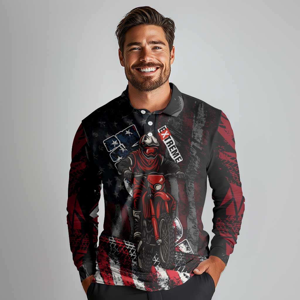 Motocross Rider Long Sleeve Polo Shirt with American Flag Background and Extreme Text in Red and Black Grunge Design - Wonder Print Shop