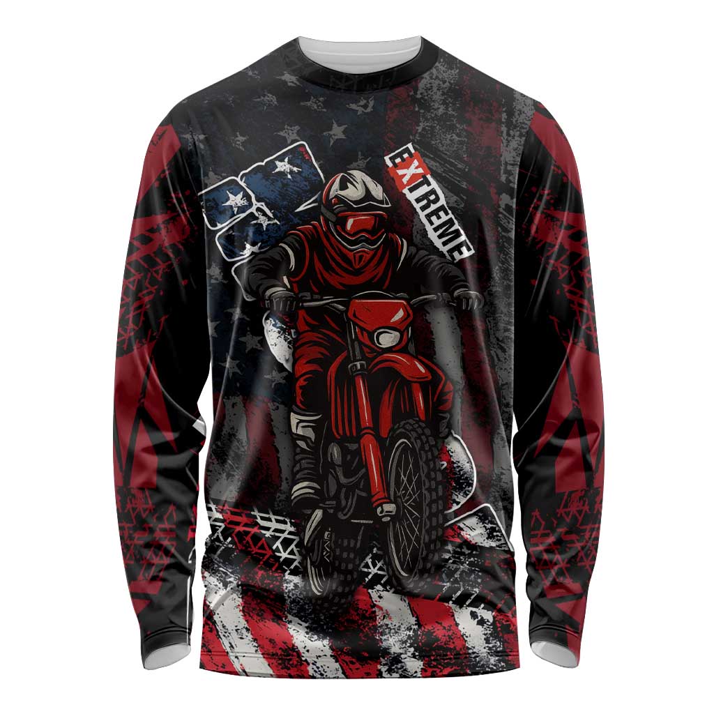 Motocross Rider Long Sleeve Shirt with American Flag Background and Extreme Text in Red and Black Grunge Design - Wonder Print Shop