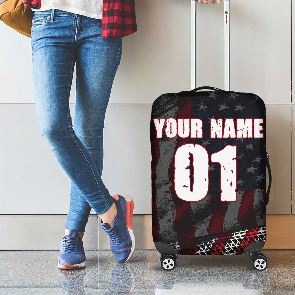 Motocross Rider Luggage Cover with American Flag Background and Extreme Text in Red and Black Grunge Design - Wonder Print Shop