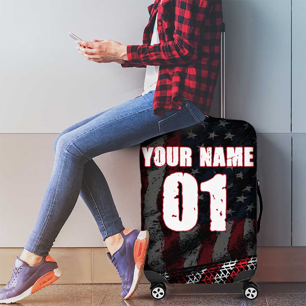 Motocross Rider Luggage Cover with American Flag Background and Extreme Text in Red and Black Grunge Design - Wonder Print Shop