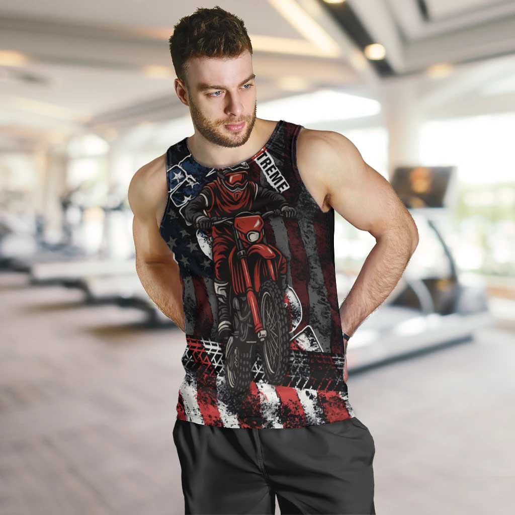 Motocross Rider Men Tank Top with American Flag Background and Extreme Text in Red and Black Grunge Design - Wonder Print Shop