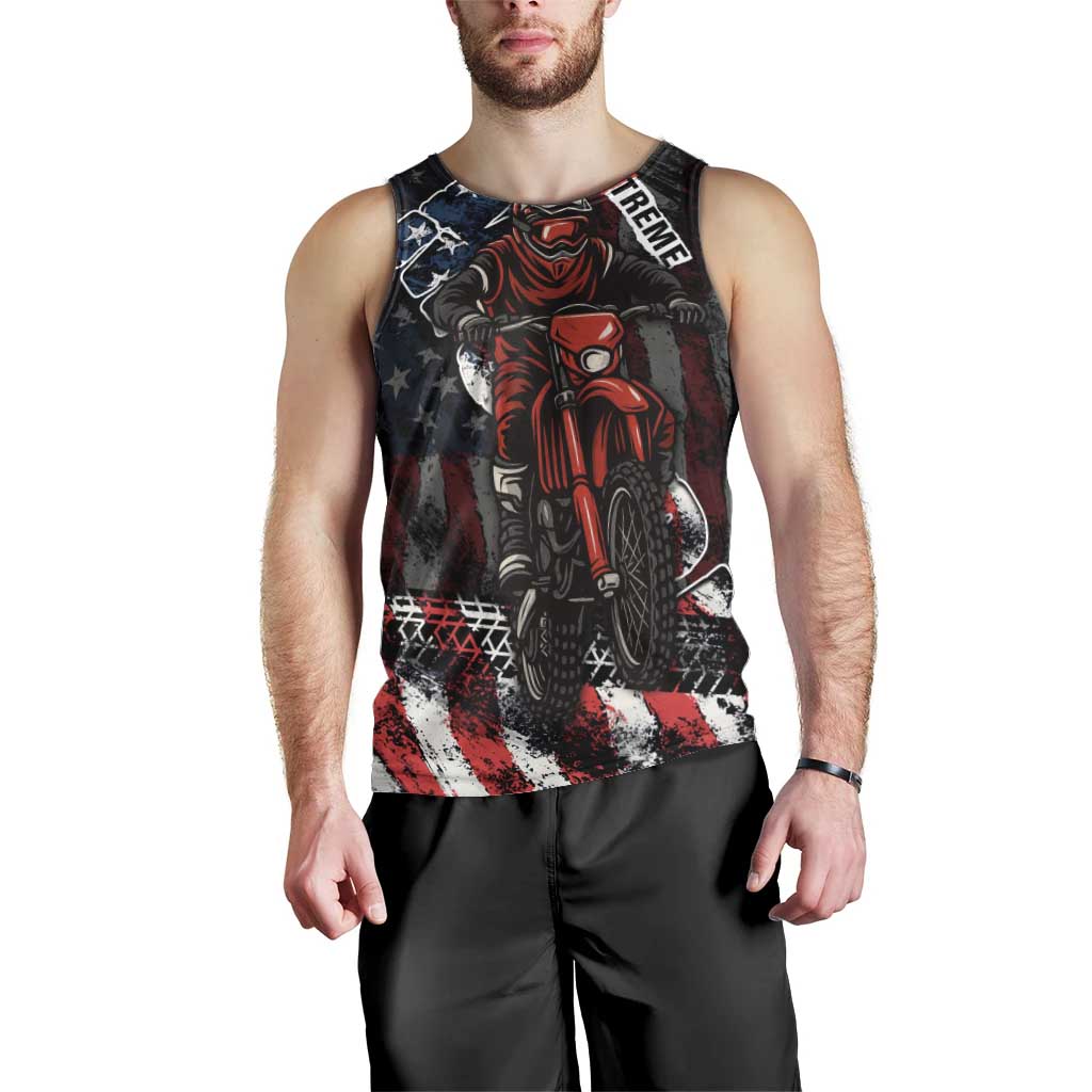 Motocross Rider Men Tank Top with American Flag Background and Extreme Text in Red and Black Grunge Design - Wonder Print Shop
