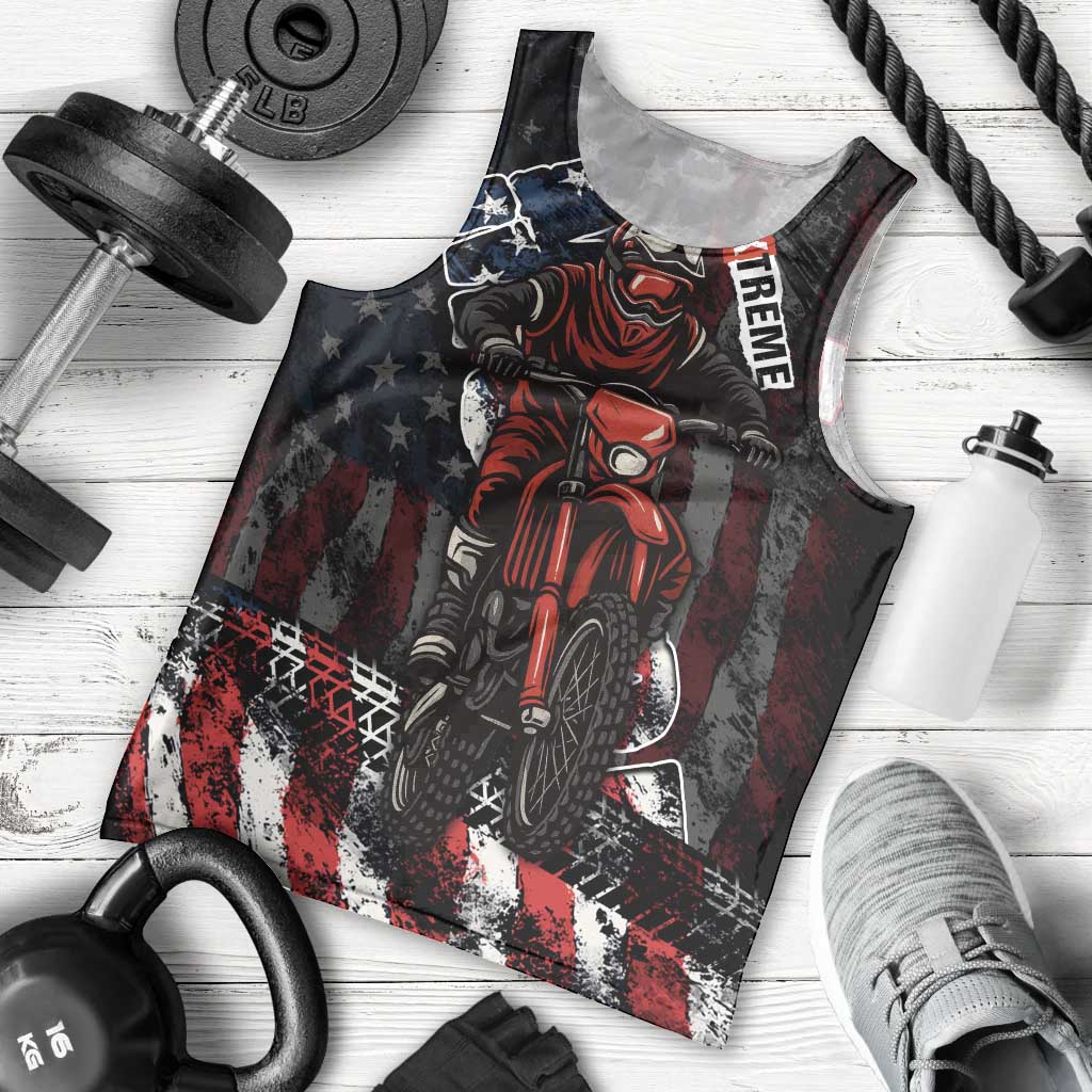 Motocross Rider Men Tank Top with American Flag Background and Extreme Text in Red and Black Grunge Design - Wonder Print Shop