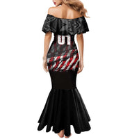 Motocross Rider Mermaid Dress with American Flag Background and Extreme Text in Red and Black Grunge Design - Wonder Print Shop