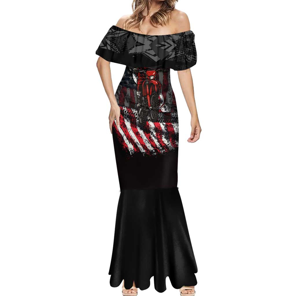 Motocross Rider Mermaid Dress with American Flag Background and Extreme Text in Red and Black Grunge Design - Wonder Print Shop