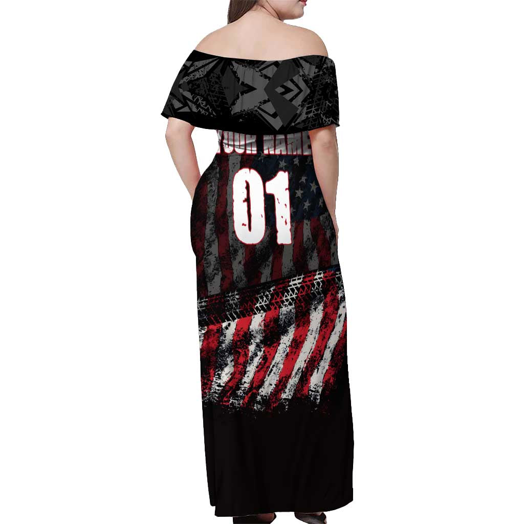 Motocross Rider Off Shoulder Maxi Dress with American Flag Background and Extreme Text in Red and Black Grunge Design - Wonder Print Shop