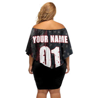 Motocross Rider Off Shoulder Short Dress with American Flag Background and Extreme Text in Red and Black Grunge Design - Wonder Print Shop