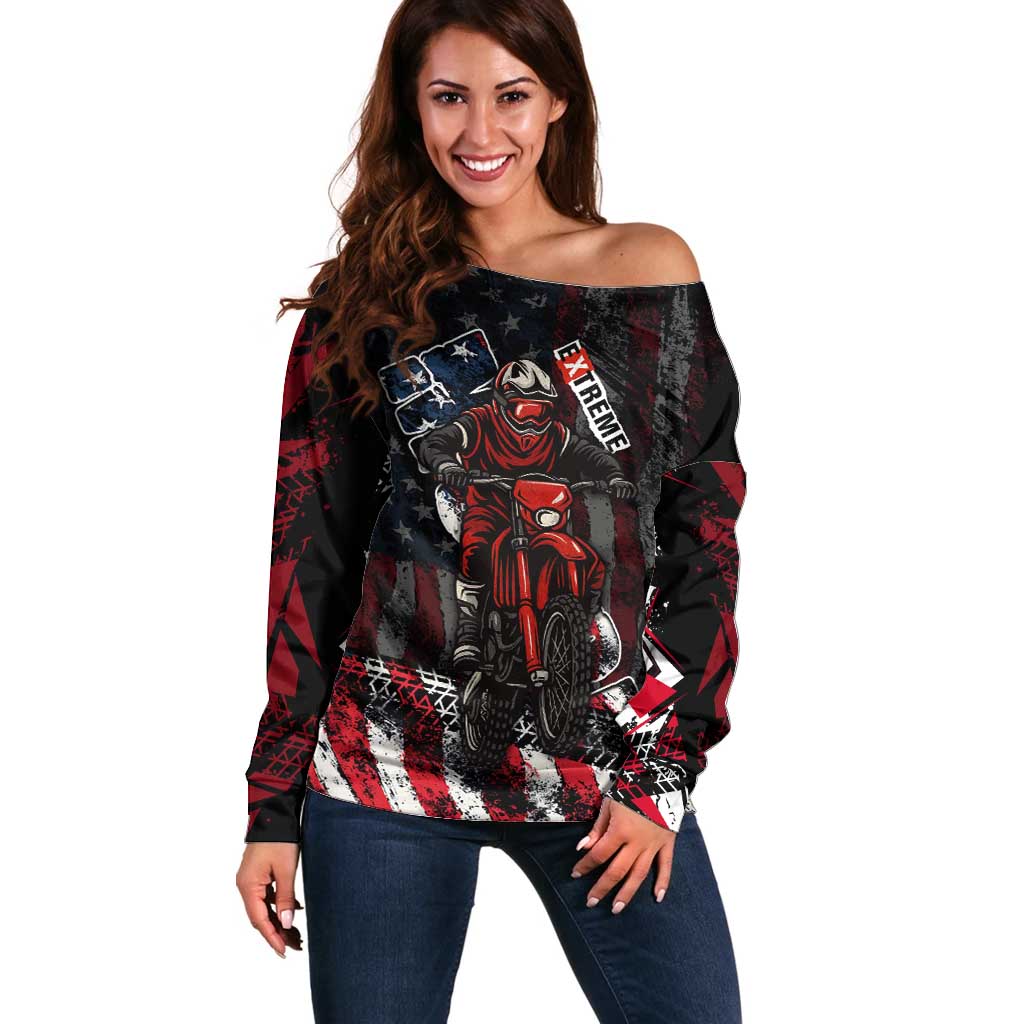 Motocross Rider Off Shoulder Sweater with American Flag Background and Extreme Text in Red and Black Grunge Design - Wonder Print Shop