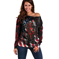 Motocross Rider Off Shoulder Sweater with American Flag Background and Extreme Text in Red and Black Grunge Design - Wonder Print Shop