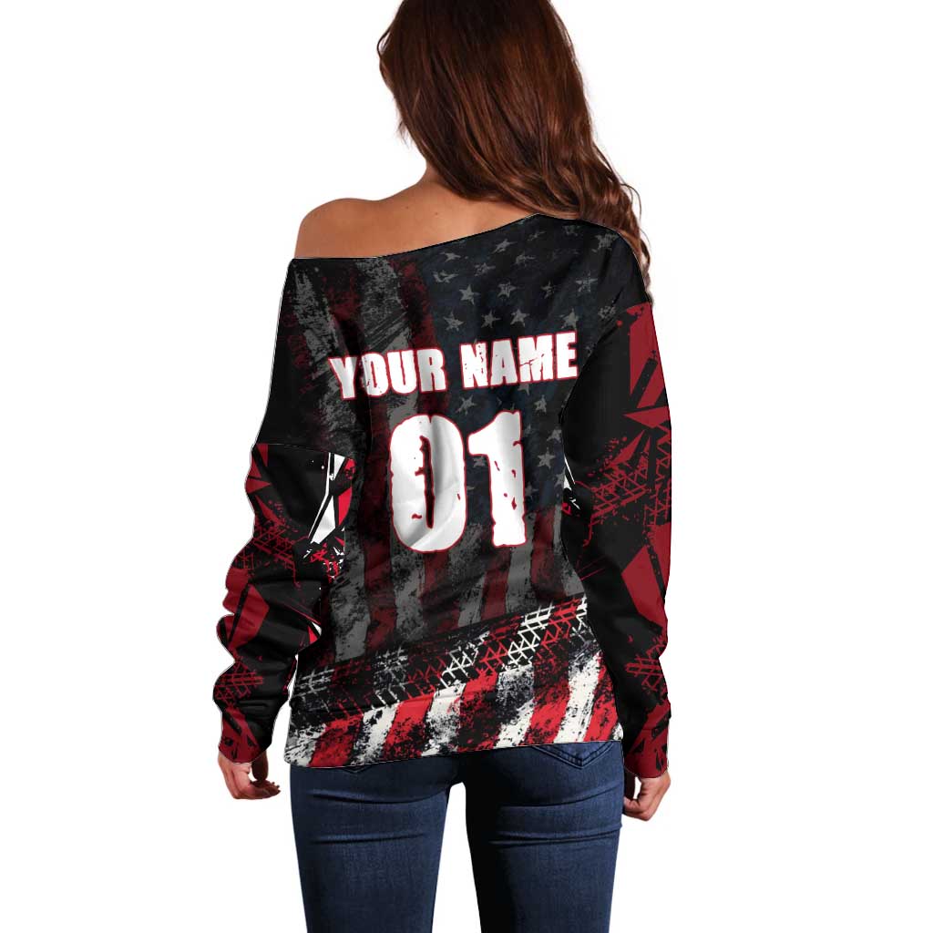 Motocross Rider Off Shoulder Sweater with American Flag Background and Extreme Text in Red and Black Grunge Design - Wonder Print Shop