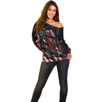Motocross Rider Off Shoulder Sweater with American Flag Background and Extreme Text in Red and Black Grunge Design - Wonder Print Shop