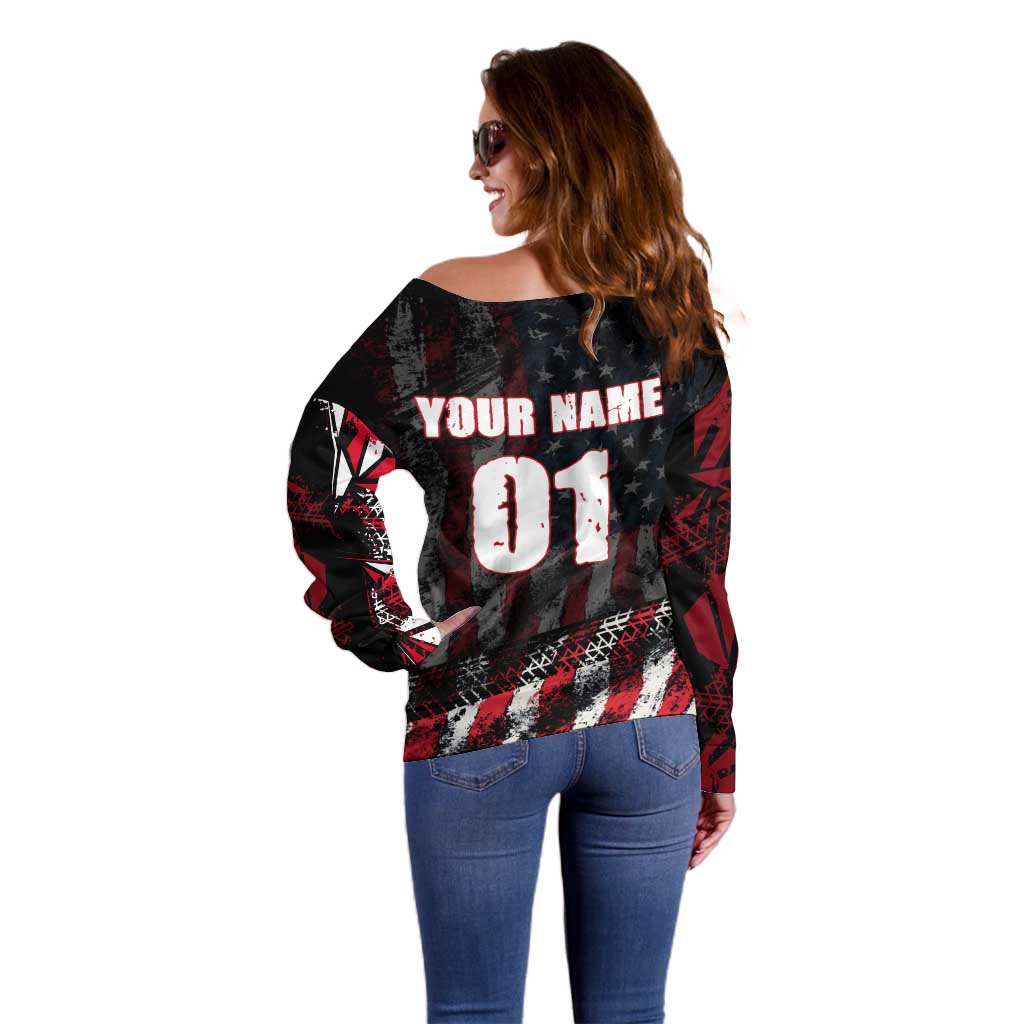 Motocross Rider Off Shoulder Sweater with American Flag Background and Extreme Text in Red and Black Grunge Design - Wonder Print Shop