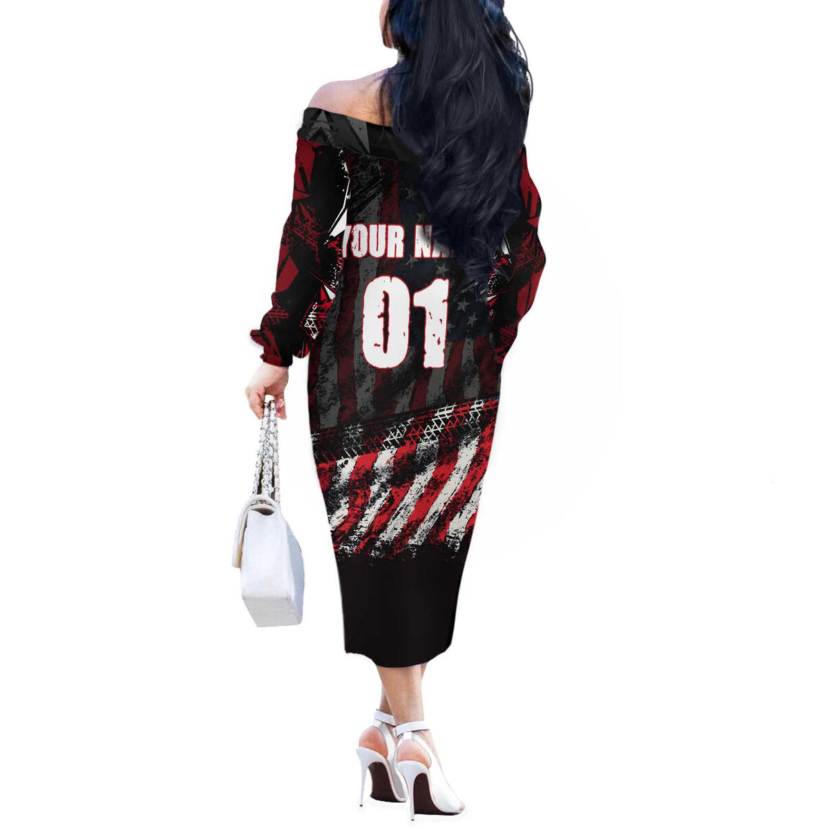 Motocross Rider Off The Shoulder Long Sleeve Dress with American Flag Background and Extreme Text in Red and Black Grunge Design - Wonder Print Shop