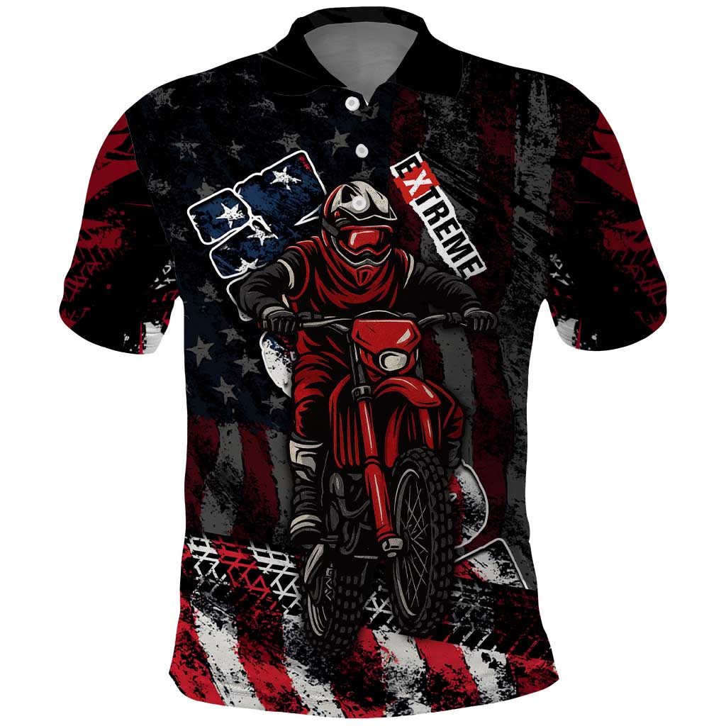 Motocross Rider Polo Shirt with American Flag Background and Extreme Text in Red and Black Grunge Design - Wonder Print Shop