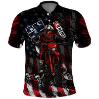 Motocross Rider Polo Shirt with American Flag Background and Extreme Text in Red and Black Grunge Design - Wonder Print Shop