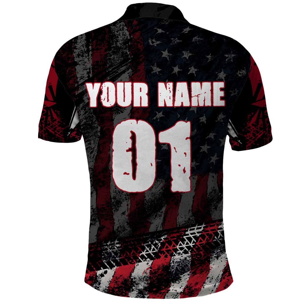Motocross Rider Polo Shirt with American Flag Background and Extreme Text in Red and Black Grunge Design - Wonder Print Shop