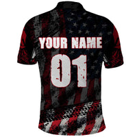 Motocross Rider Polo Shirt with American Flag Background and Extreme Text in Red and Black Grunge Design - Wonder Print Shop