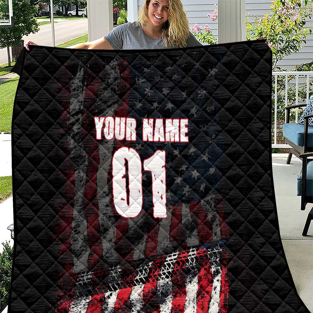 Motocross Rider Quilt with American Flag Background and Extreme Text in Red and Black Grunge Design - Wonder Print Shop