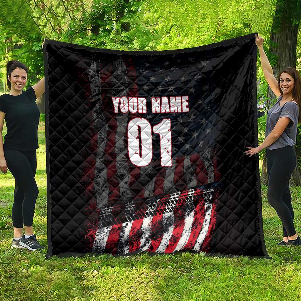 Motocross Rider Quilt with American Flag Background and Extreme Text in Red and Black Grunge Design - Wonder Print Shop