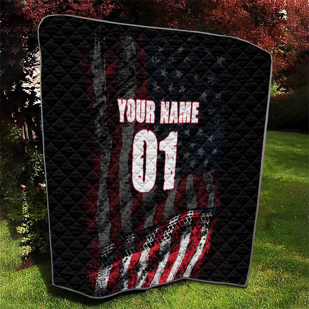 Motocross Rider Quilt with American Flag Background and Extreme Text in Red and Black Grunge Design - Wonder Print Shop