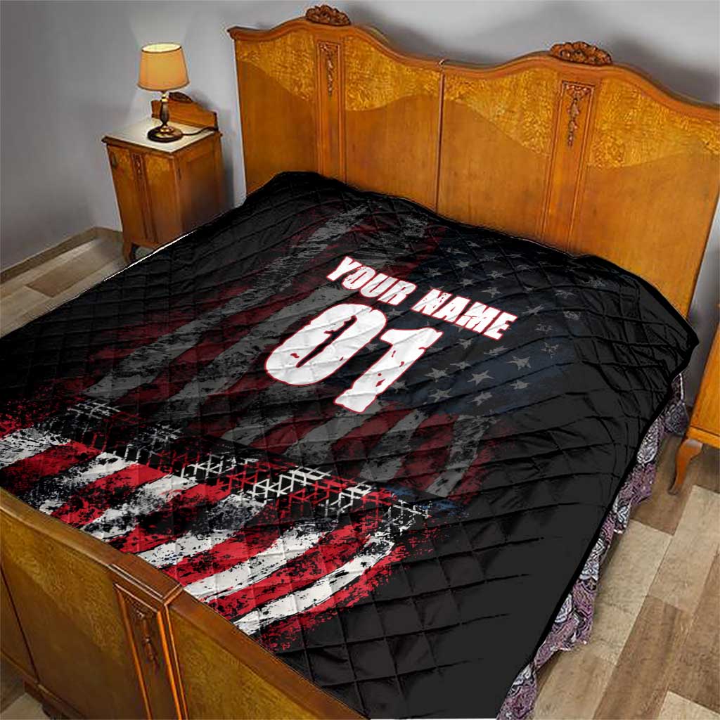 Motocross Rider Quilt with American Flag Background and Extreme Text in Red and Black Grunge Design - Wonder Print Shop