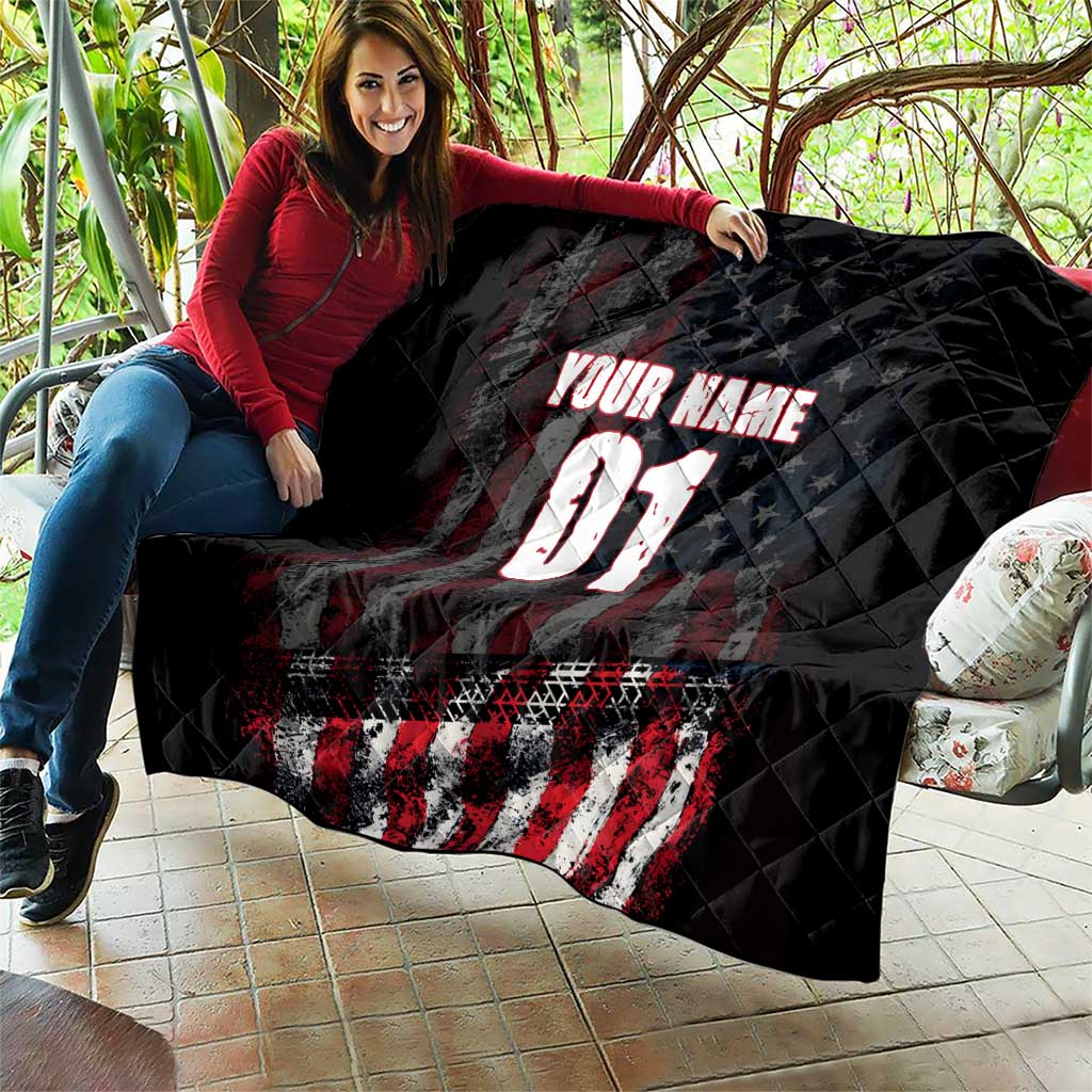 Motocross Rider Quilt with American Flag Background and Extreme Text in Red and Black Grunge Design - Wonder Print Shop