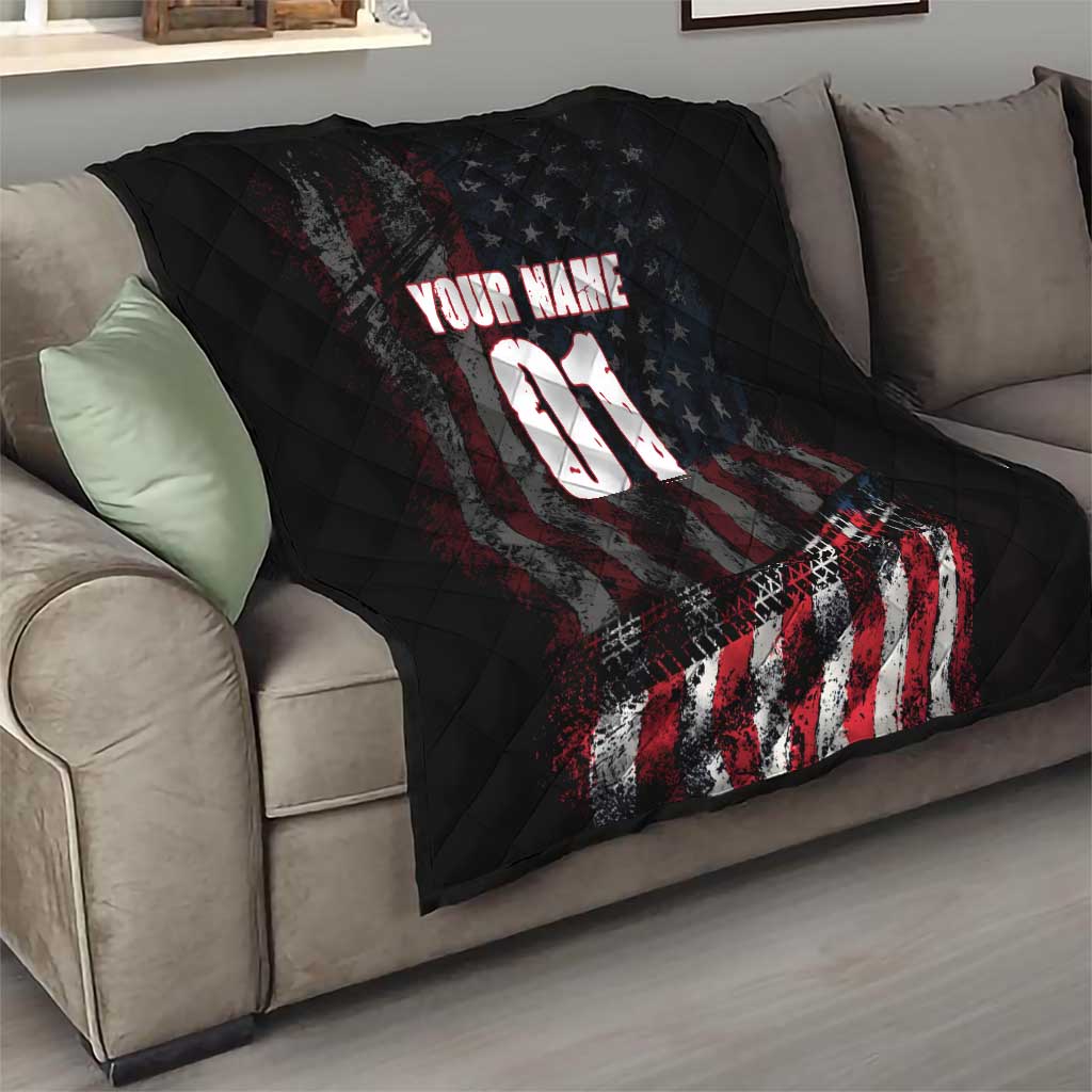 Motocross Rider Quilt with American Flag Background and Extreme Text in Red and Black Grunge Design - Wonder Print Shop