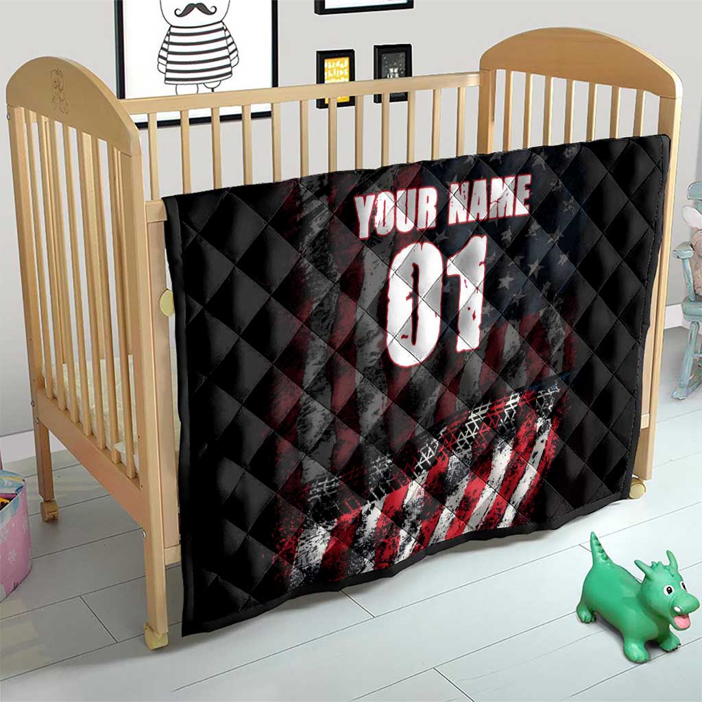 Motocross Rider Quilt with American Flag Background and Extreme Text in Red and Black Grunge Design - Wonder Print Shop