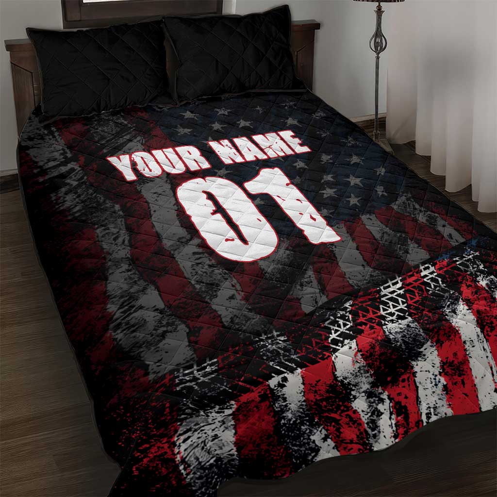 Motocross Rider Quilt Bed Set with American Flag Background and Extreme Text in Red and Black Grunge Design - Wonder Print Shop