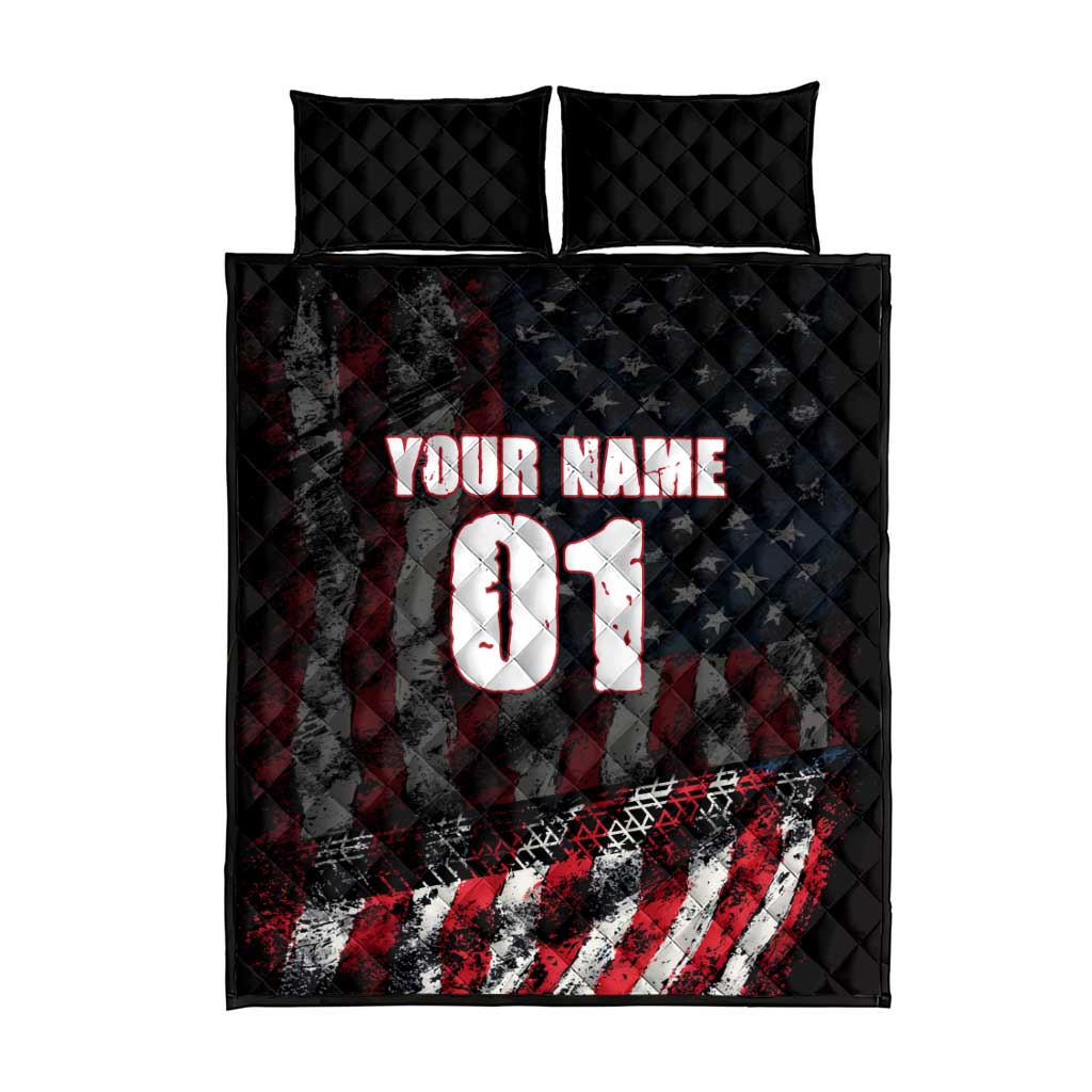Motocross Rider Quilt Bed Set with American Flag Background and Extreme Text in Red and Black Grunge Design - Wonder Print Shop