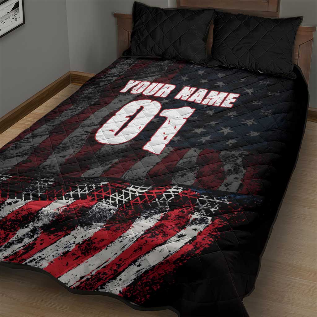 Motocross Rider Quilt Bed Set with American Flag Background and Extreme Text in Red and Black Grunge Design - Wonder Print Shop