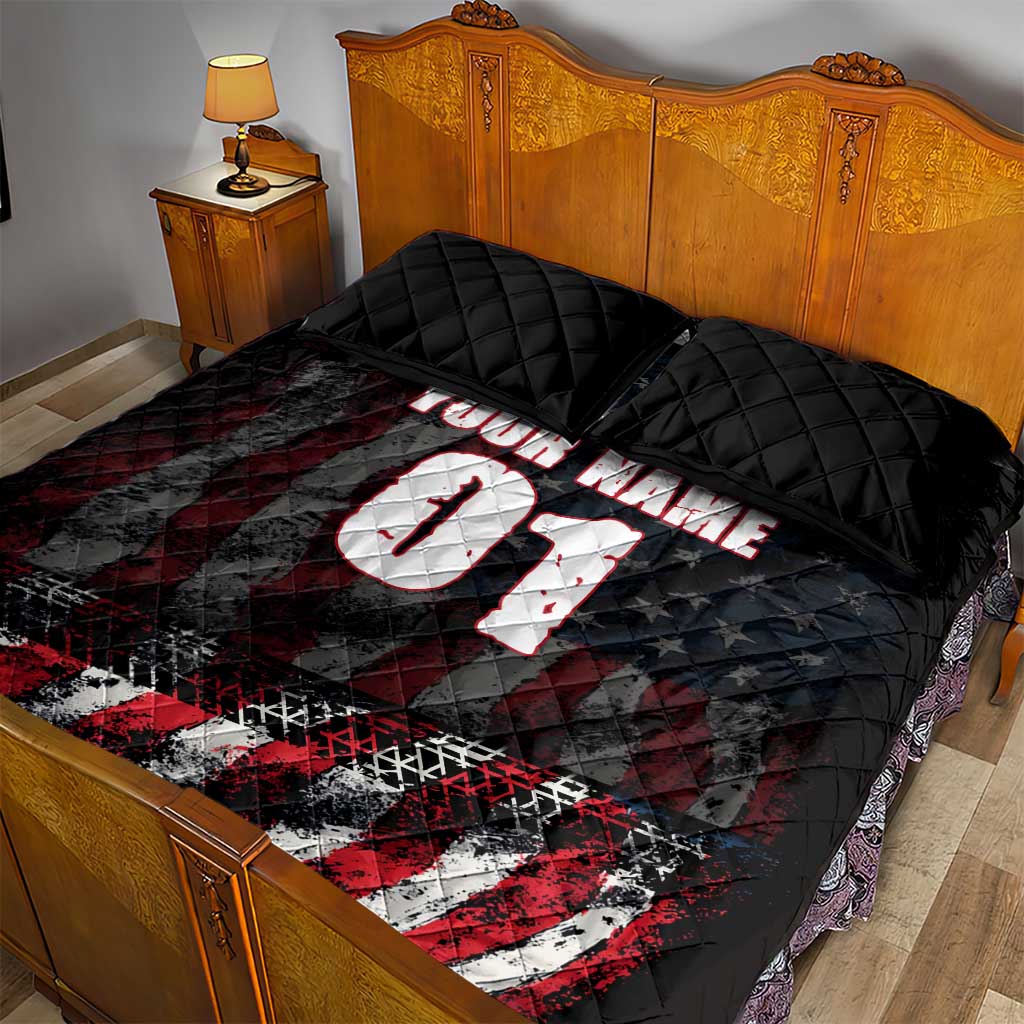 Motocross Rider Quilt Bed Set with American Flag Background and Extreme Text in Red and Black Grunge Design - Wonder Print Shop