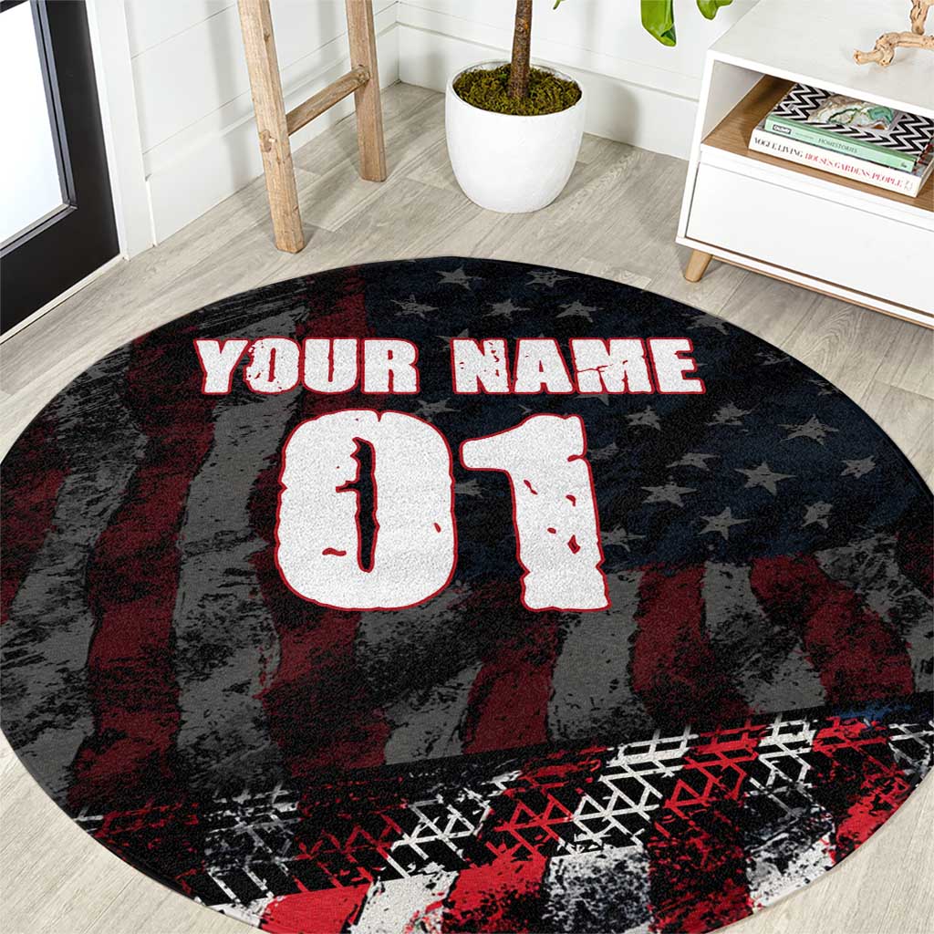 Motocross Rider Round Carpet with American Flag Background and Extreme Text in Red and Black Grunge Design - Wonder Print Shop