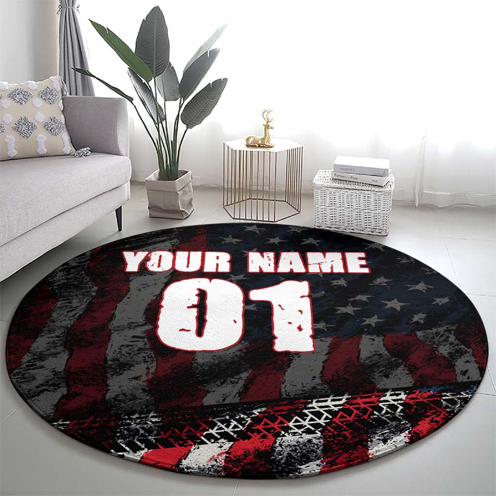 Motocross Rider Round Carpet with American Flag Background and Extreme Text in Red and Black Grunge Design - Wonder Print Shop