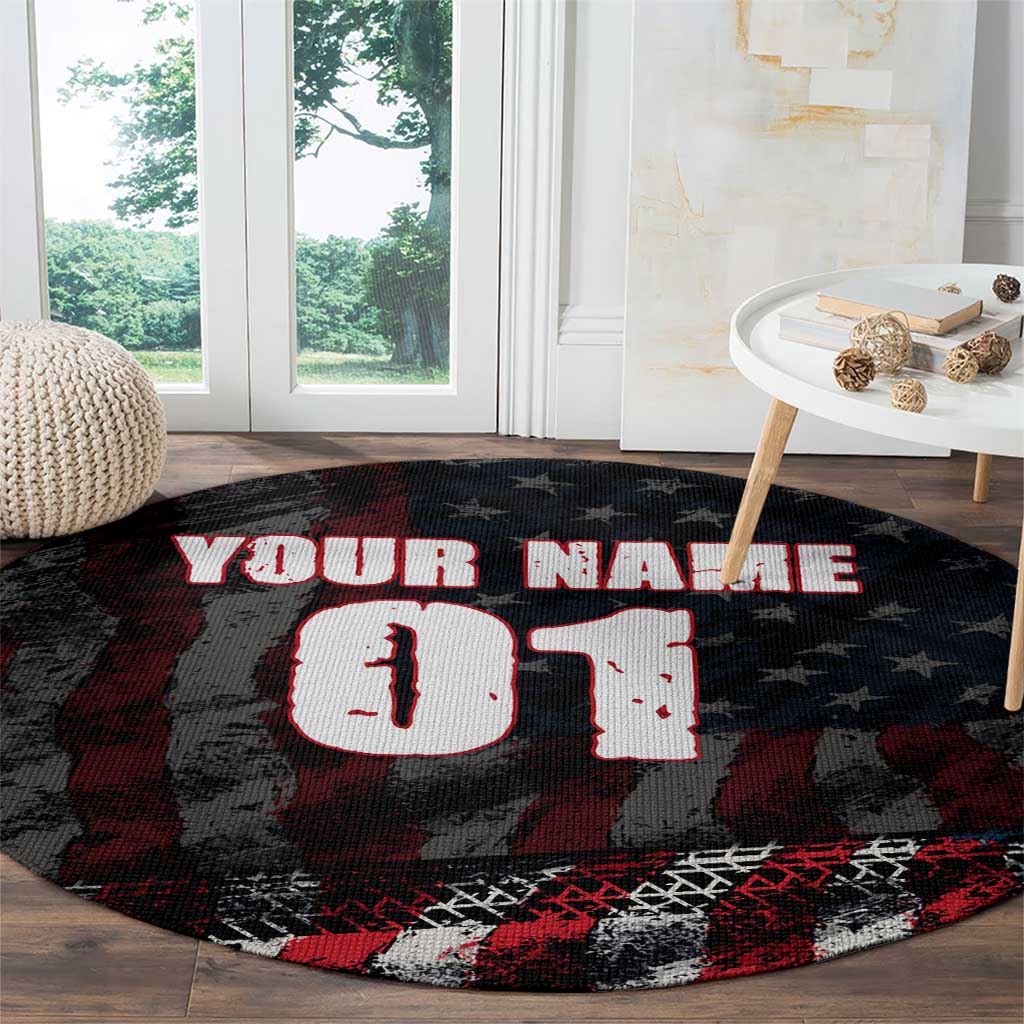 Motocross Rider Round Carpet with American Flag Background and Extreme Text in Red and Black Grunge Design - Wonder Print Shop