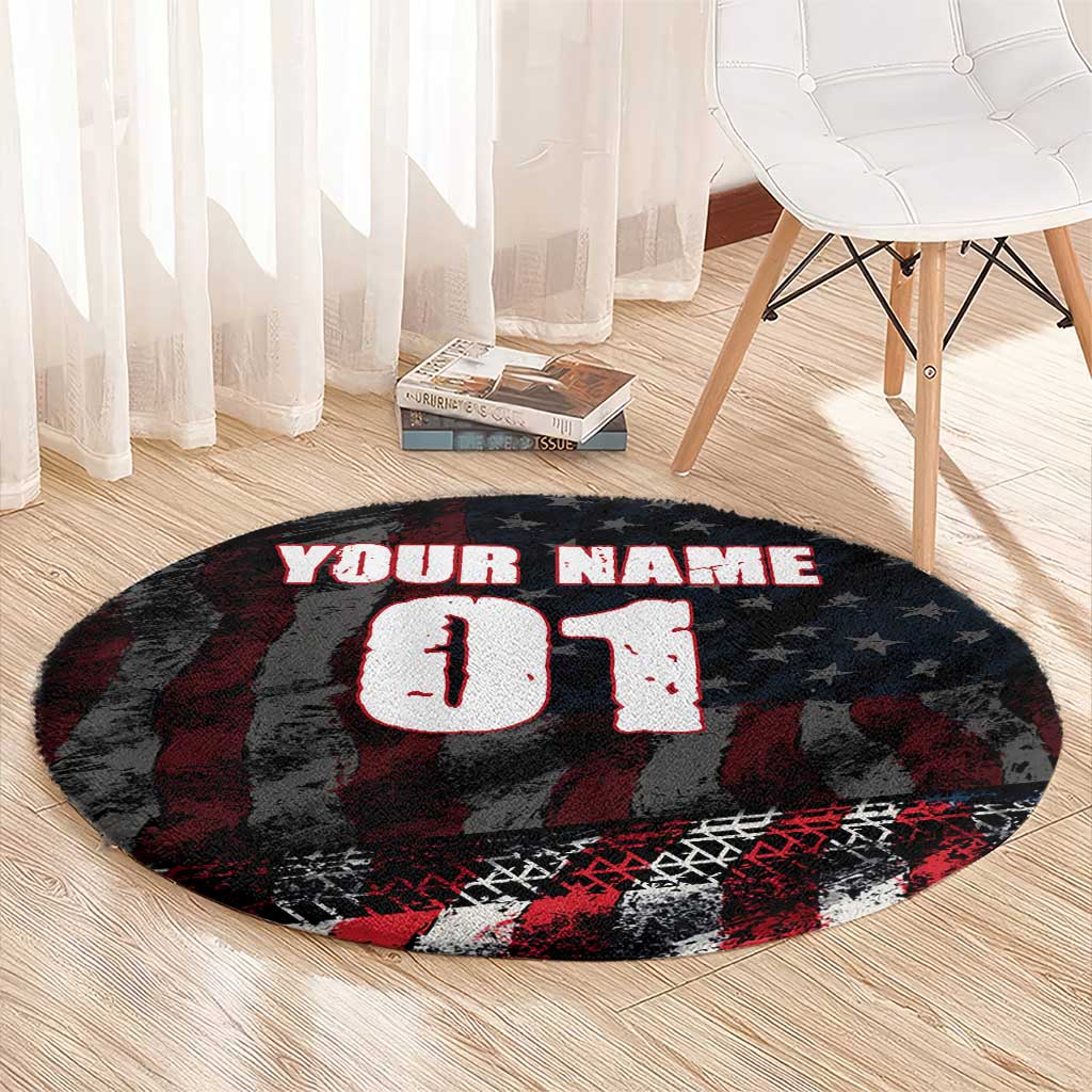 Motocross Rider Round Carpet with American Flag Background and Extreme Text in Red and Black Grunge Design - Wonder Print Shop