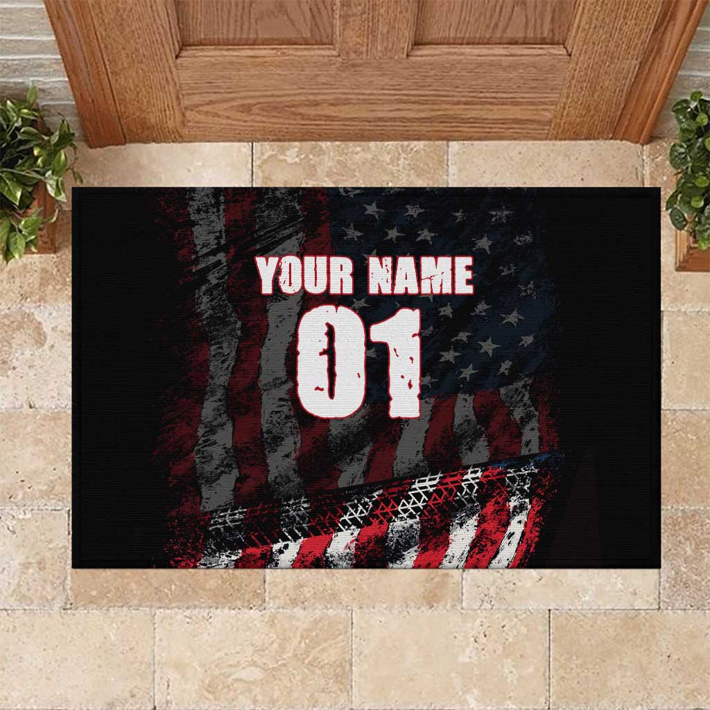 Motocross Rider Rubber Doormat with American Flag Background and Extreme Text in Red and Black Grunge Design - Wonder Print Shop