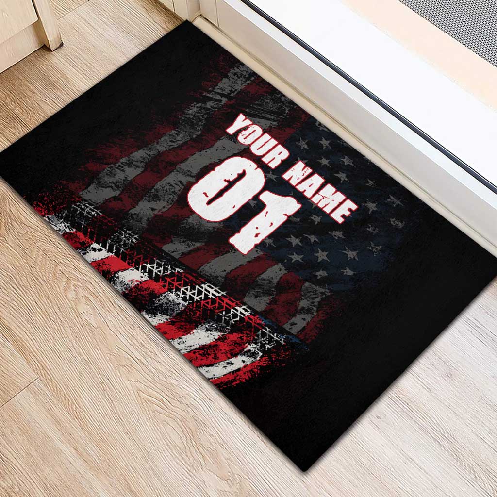 Motocross Rider Rubber Doormat with American Flag Background and Extreme Text in Red and Black Grunge Design - Wonder Print Shop